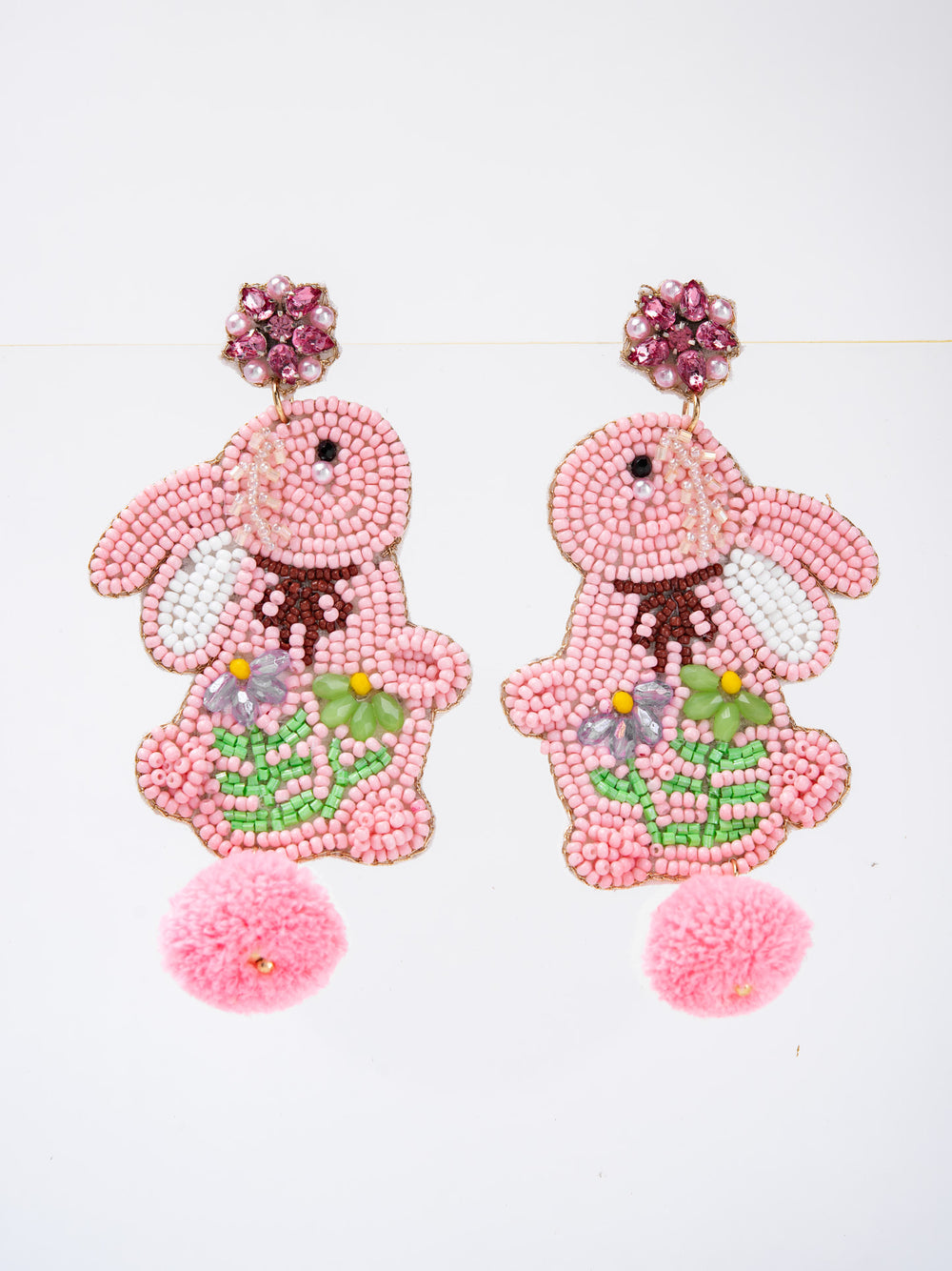 Emilia Cotton Ball Tail Easter Rabbit Beaded Earrings | Pink