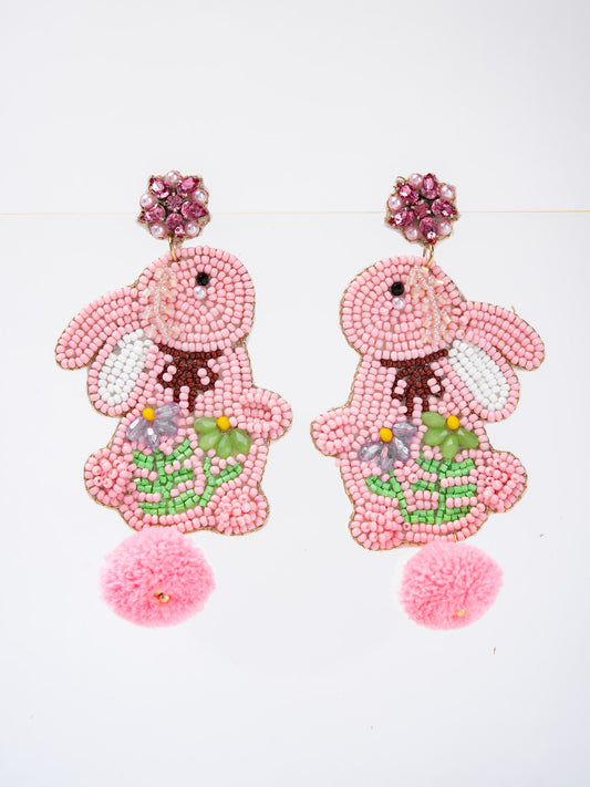 Emilia Cotton Ball Tail Easter Rabbit Beaded Earrings | Pink