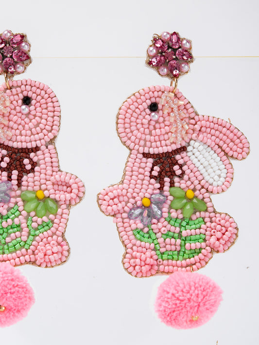 Emilia Cotton Ball Tail Easter Rabbit Beaded Earrings | Pink