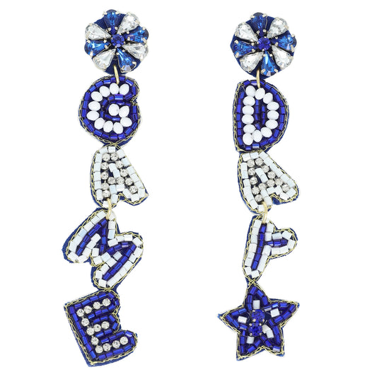 Becky Game Day Letter Beaded Rhinestone Post Earrings | Royal Blue & White