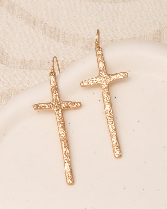 Molly Rough Textured Finish Latin Cross Dangle Earrings | Gold