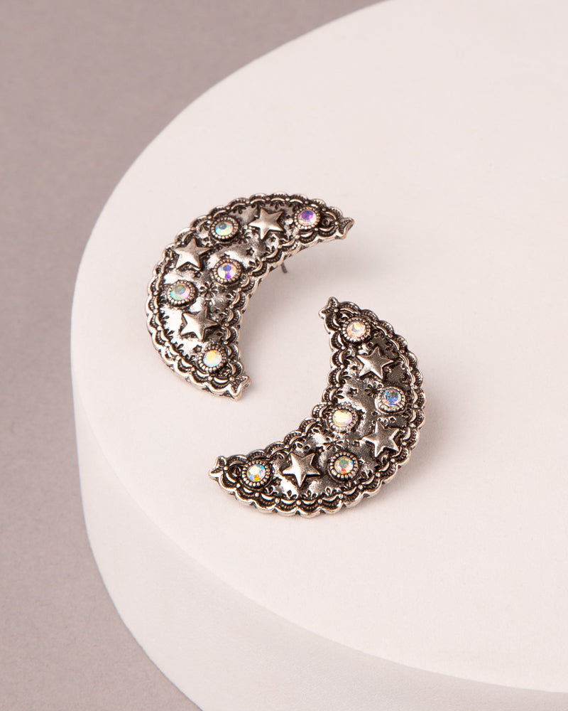 Josephine Western Star Pattered Crescent Moon Earrings | Iridescent
