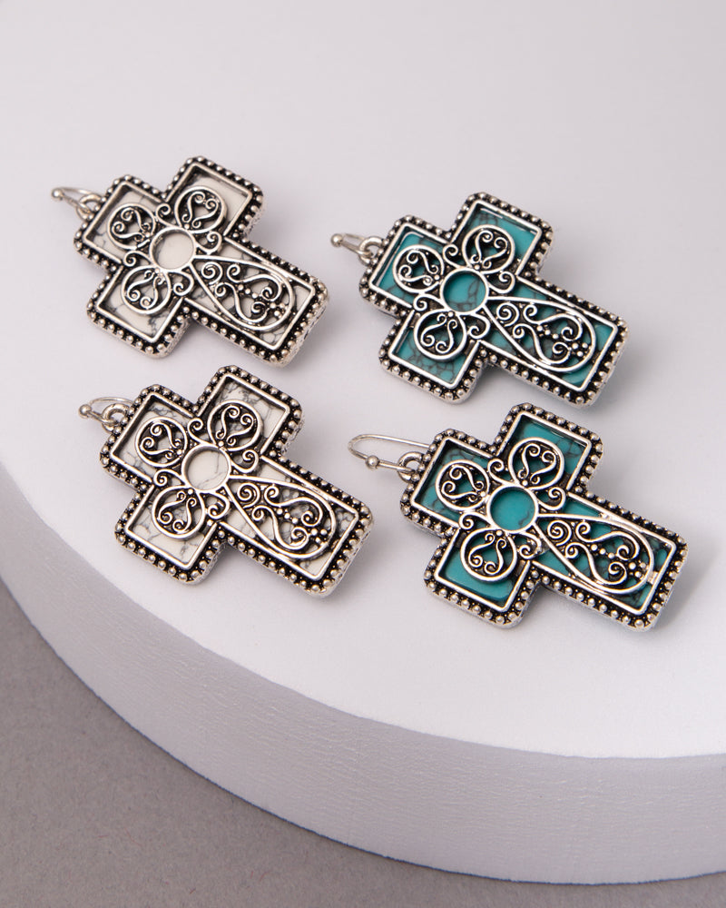 Caroline Western Turquoise Scrolled Filigree Cross Earrings