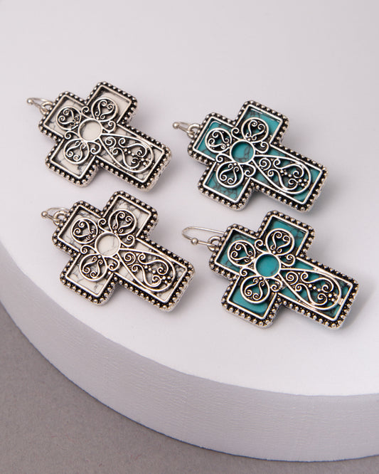 Caroline Western Turquoise Scrolled Filigree Cross Earrings