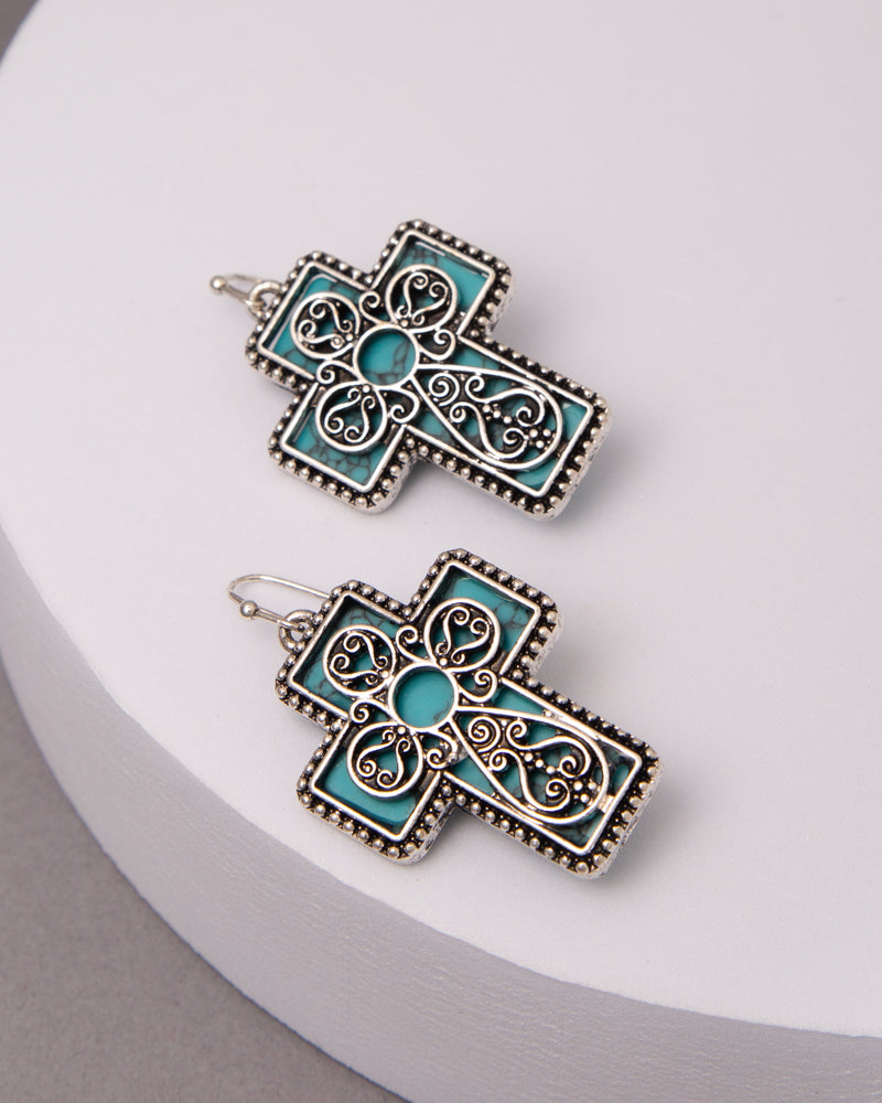 Caroline Western Turquoise Scrolled Filigree Cross Earrings