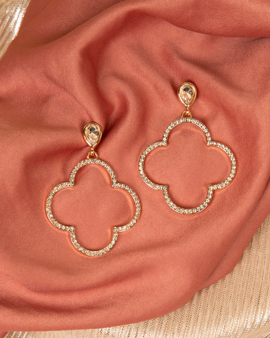 Kasey Jeweled Quatrefoil Cutout Post Dangle Earrings | Gold