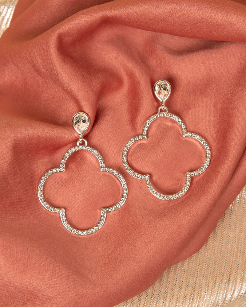 Kasey Jeweled Quatrefoil Cutout Post Dangle Earrings | Silver