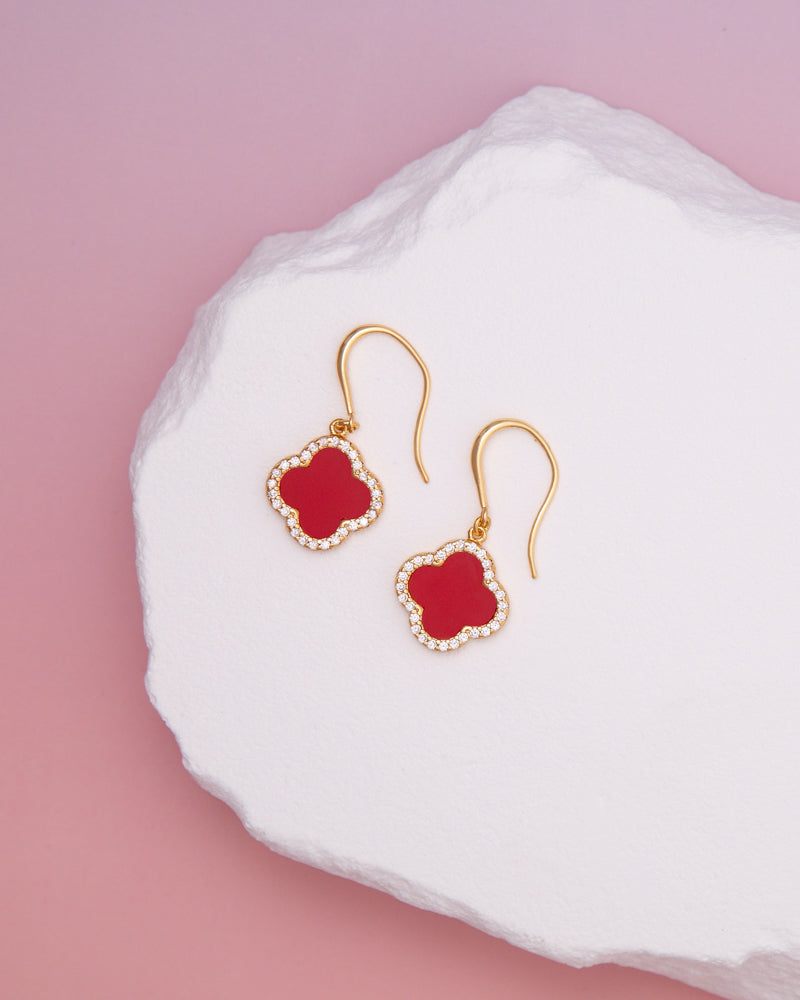 Luna Gold plated CZ Pave Quatrefoil Dangle Earrings | Red