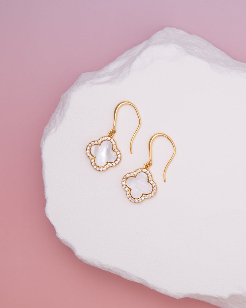 Luna Gold plated CZ Pave Quatrefoil Dangle Earrings | White