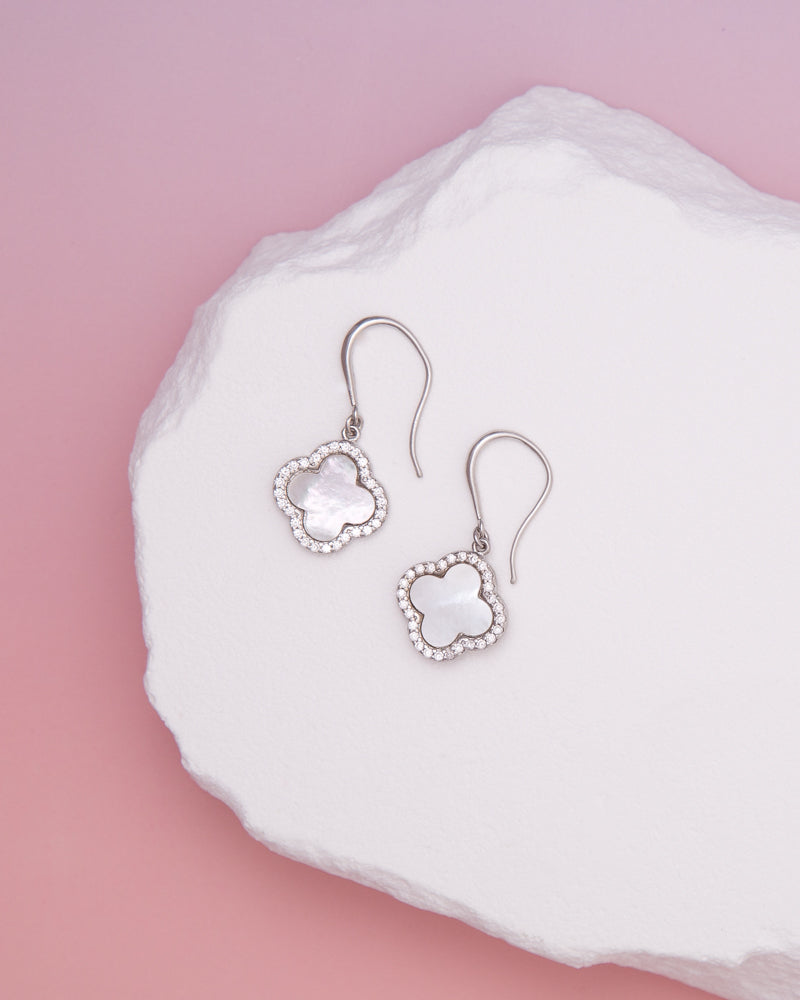 Luna Gold plated CZ Pave Quatrefoil Dangle Earrings | Silver