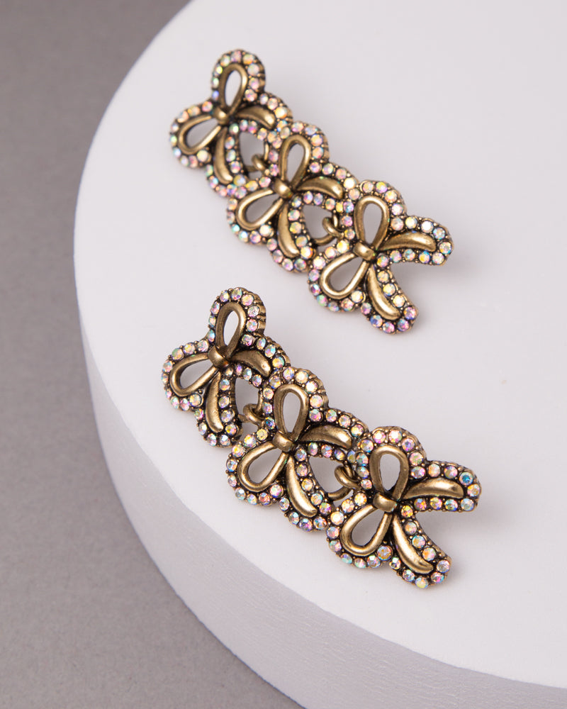 Quinn Rhinestone Embellished Shorttail Bow Linear Earrings | Gold