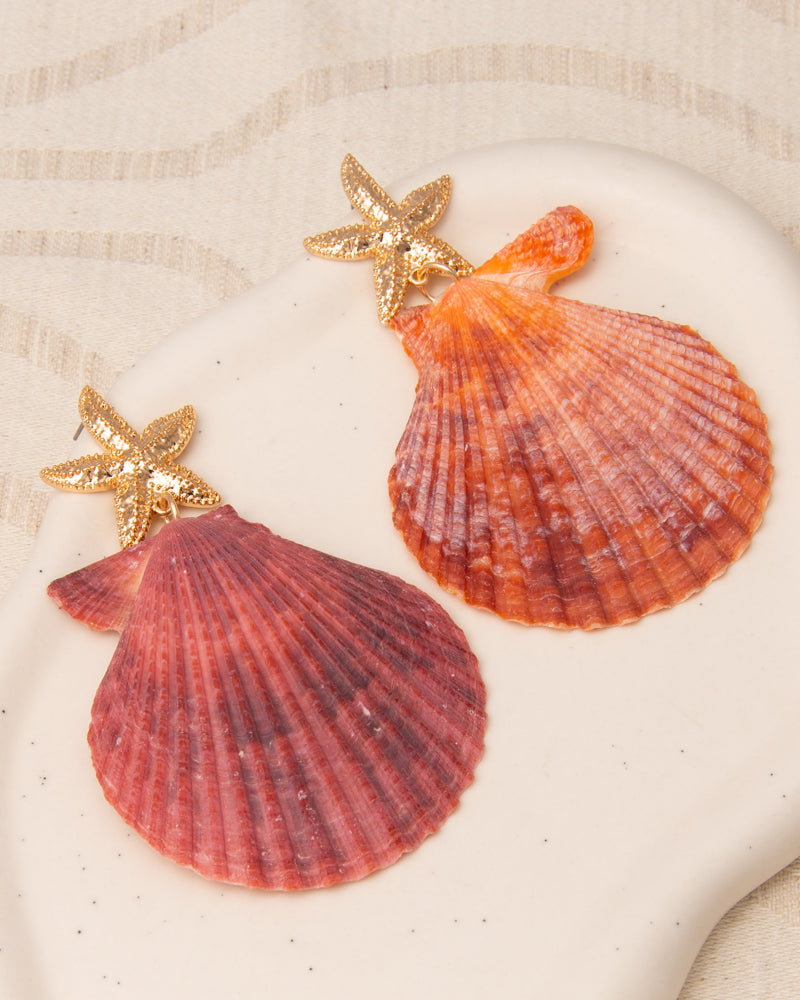 Noelle Starfish Colorful Scallop Shell Post Dangle Earrings | Coral