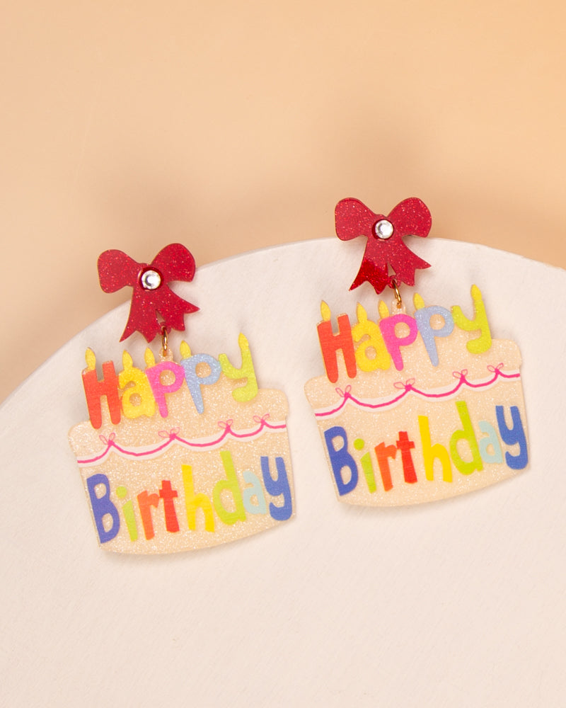 Alexandra "Happy Birthday" Glittered Cake Post Dangle Word Earrings
