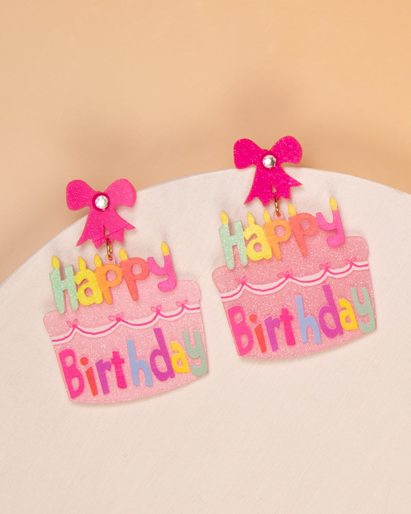 Alexandra "Happy Birthday" Glittered Cake Post Dangle Word Earrings | Pink