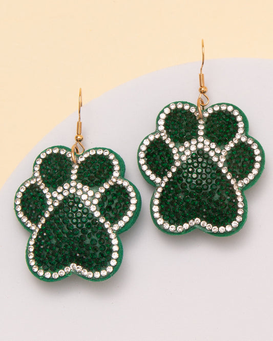 Athena Gameday Rhinestone Pave Paw Print Dangle Earrings | Green
