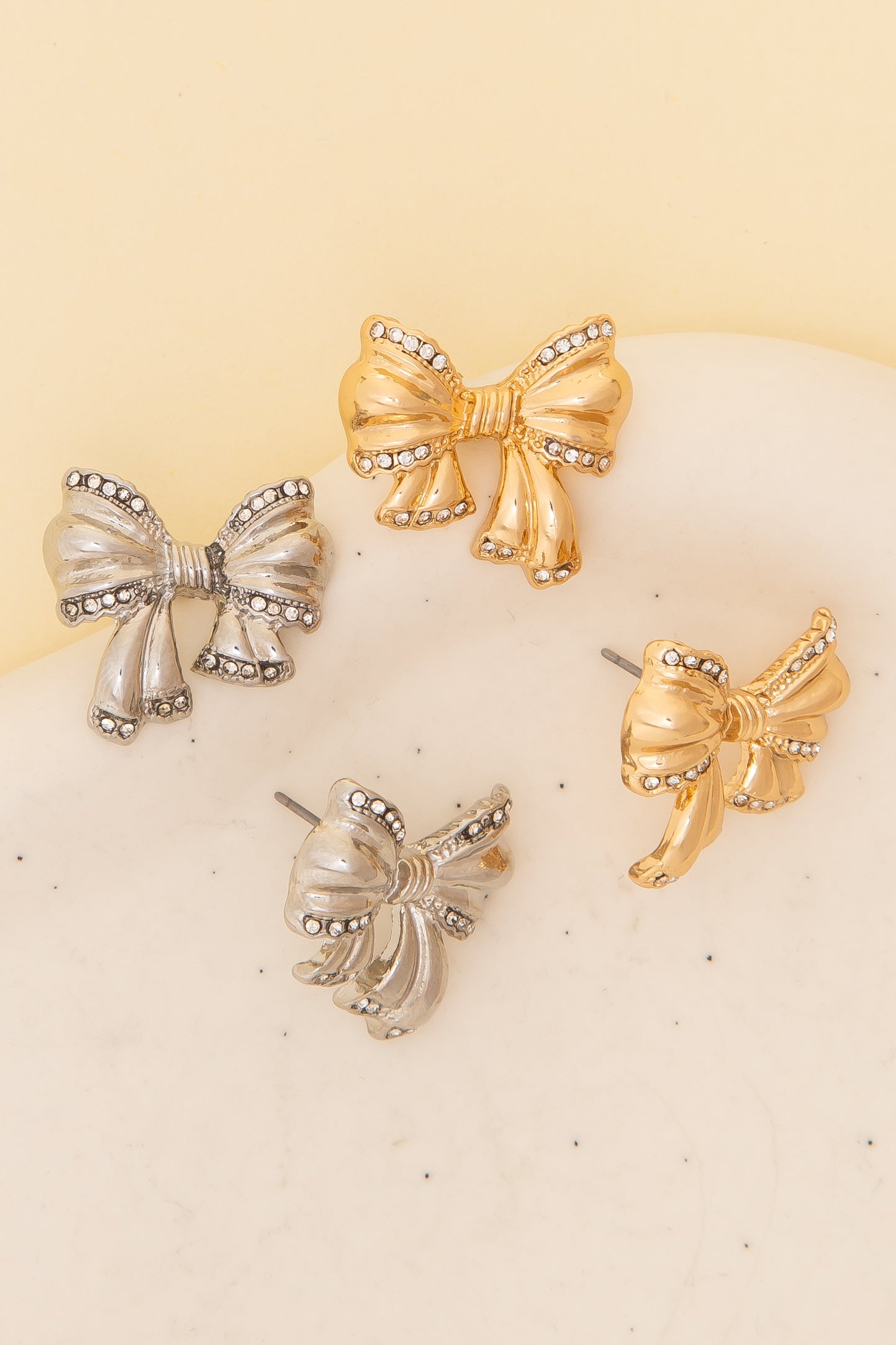 Alana Polished Rhinestone Paved Textured Bow Post Earrings