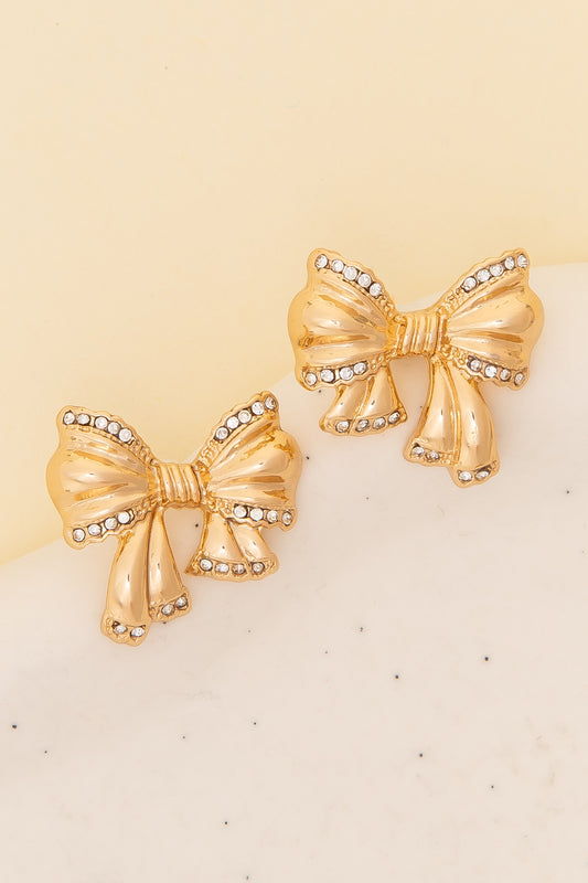 Alana Polished Rhinestone Paved Textured Bow Post Earrings | Gold
