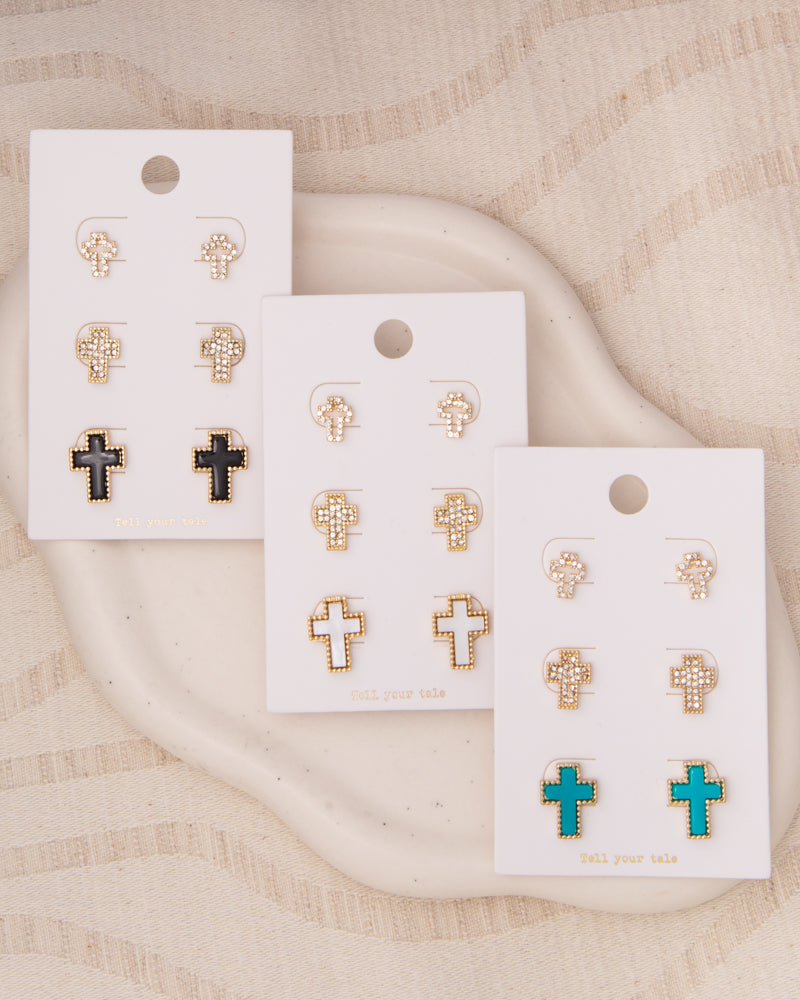 Kassidy 3-Pair Rhinestone Pavé Latin Cross Post Earring Set