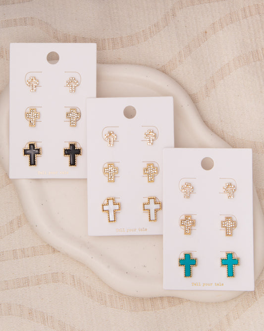 Kassidy 3-Pair Rhinestone Pavé Latin Cross Post Earring Set