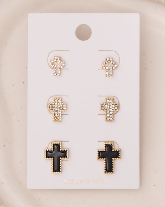 Kassidy 3-Pair Rhinestone Pavé Latin Cross Post Earring Set | Black