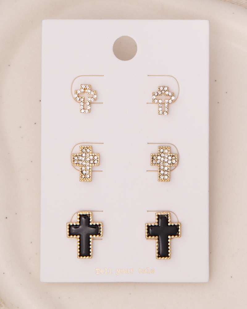 Kassidy 3-Pair Rhinestone Pavé Latin Cross Post Earring Set | Black