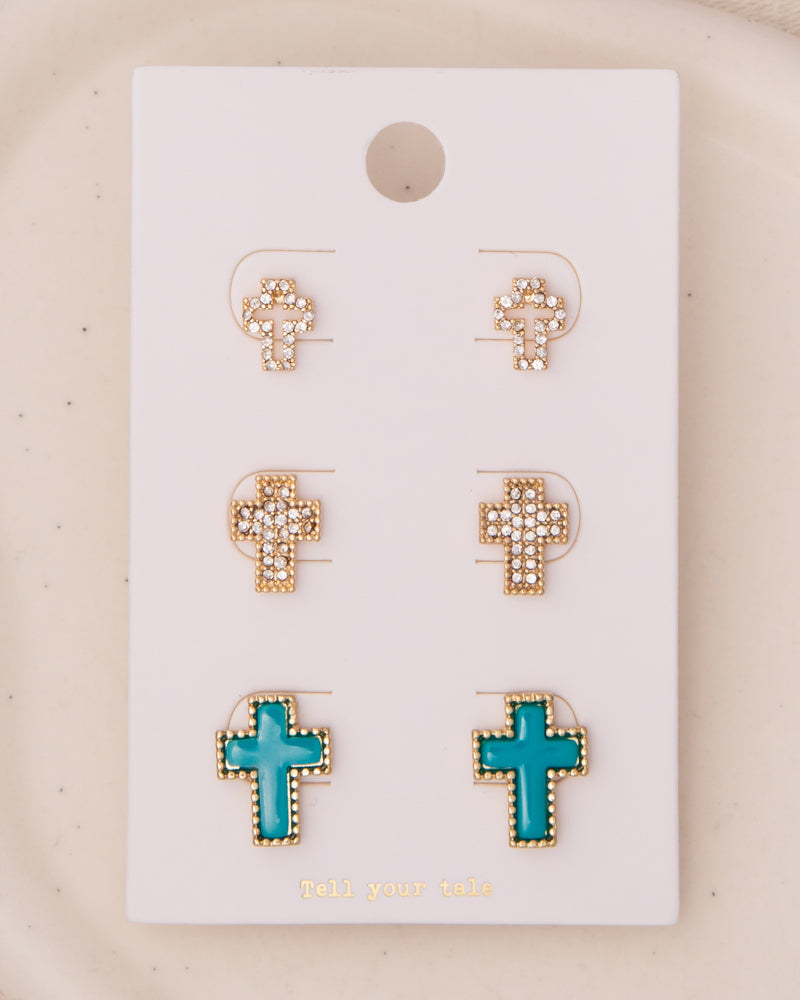 Kassidy 3-Pair Rhinestone Pavé Latin Cross Post Earring Set