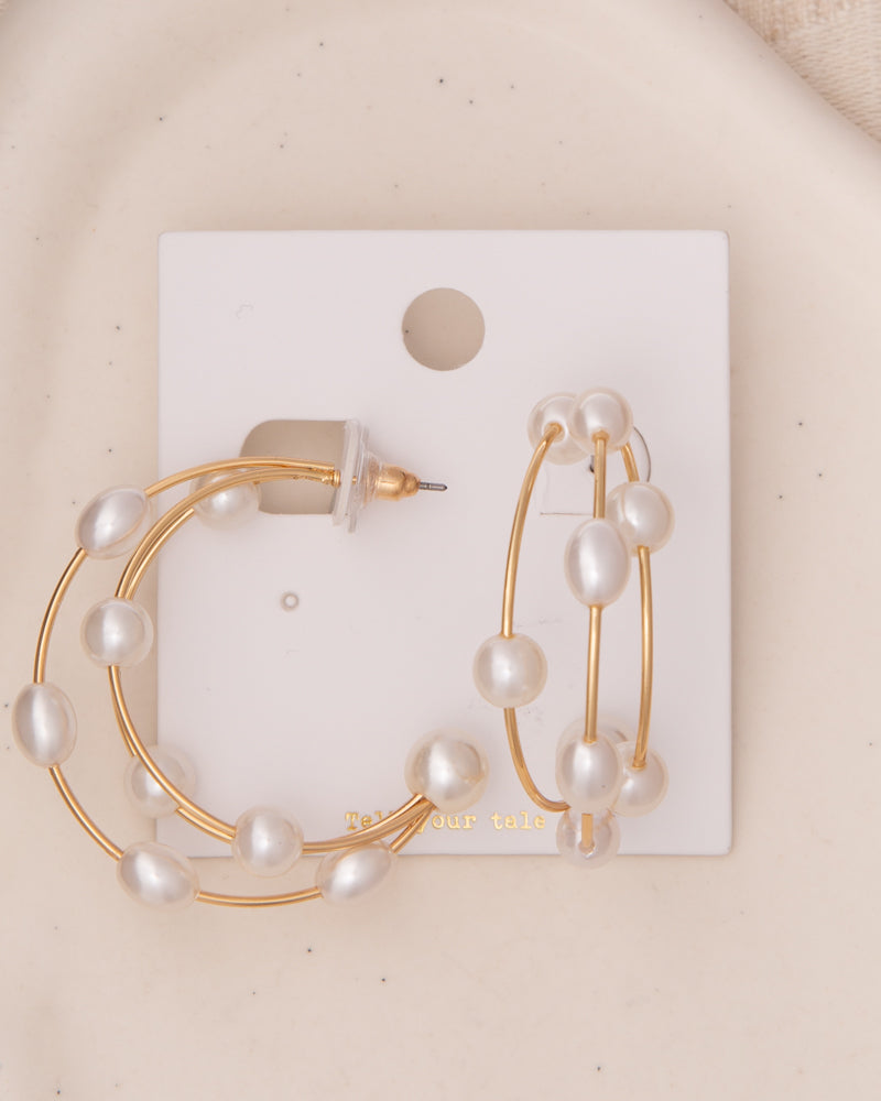 Mazie Polished Pearl Beaded Open Crescent Moon Wire Hoop Earrings