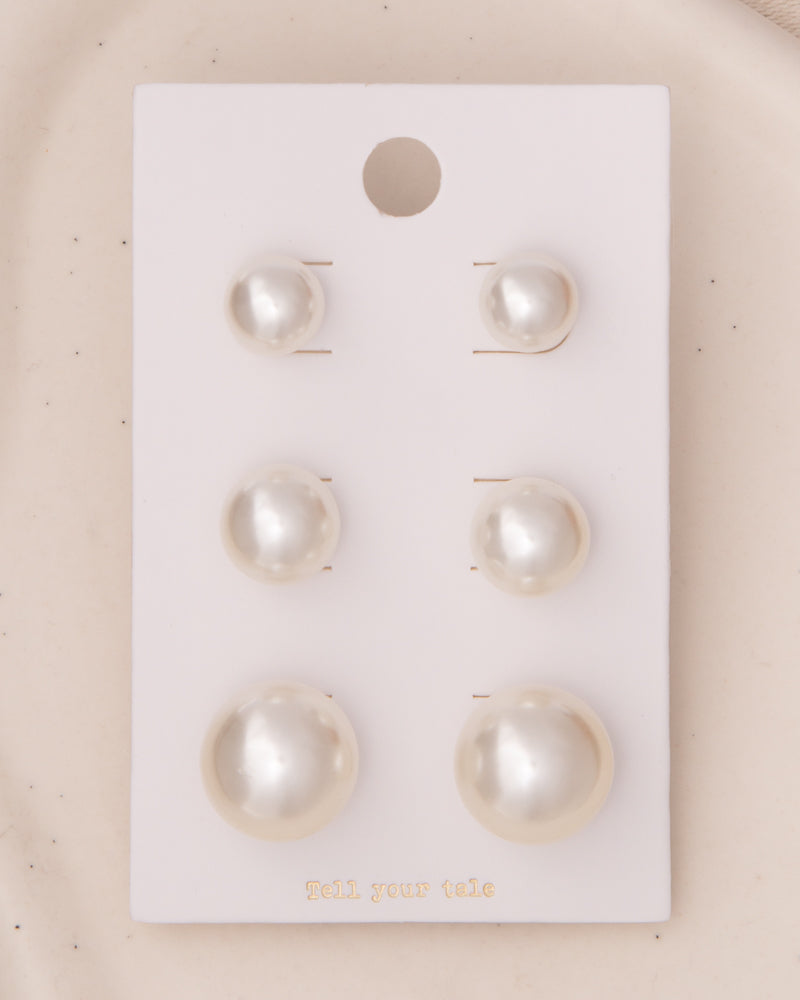 Rosalee 3-Pair Classic White Pearl Stud Earring Set in Gold