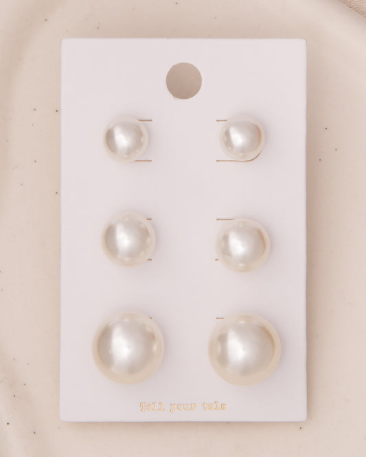 Rosalee 3-Pair Classic White Pearl Stud Earring Set in Gold