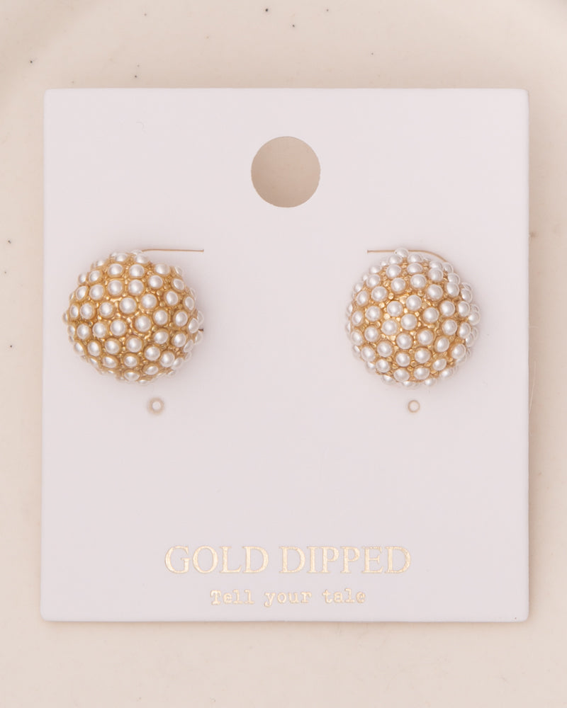 Rayne White Pearl Pave Sphere Ball Earrings in Yellow Gold Plating