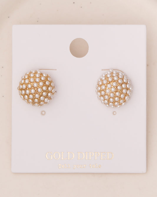 Rayne White Pearl Pave Sphere Ball Earrings in Yellow Gold Plating