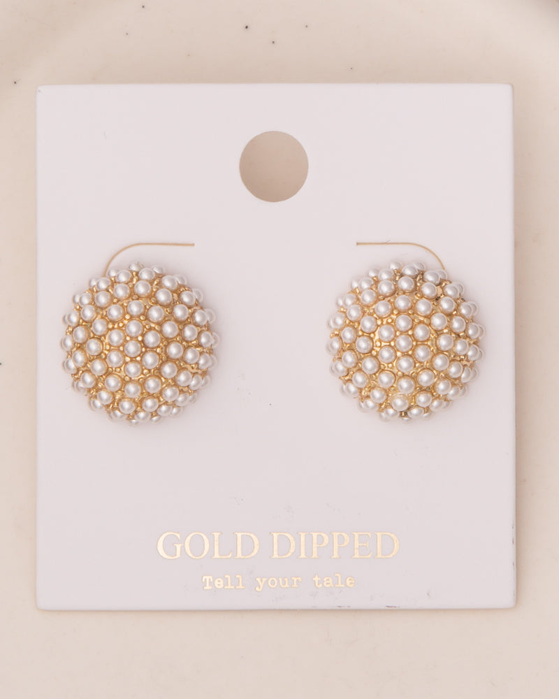 Natasha White Pearl Pavé Sphere Ball Earrings in Yellow Gold Plating