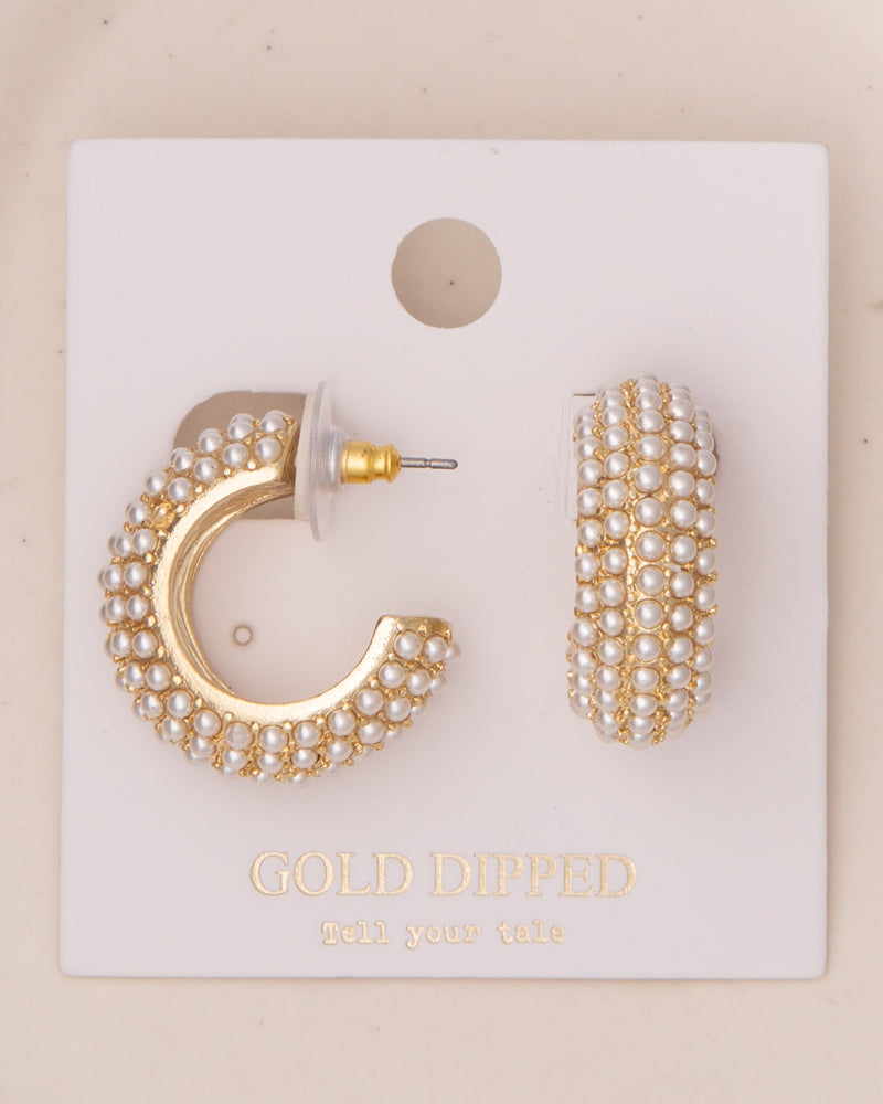 Romy White Pearl Pavé C-Hoop Post Earrings in Yellow Gold Plating