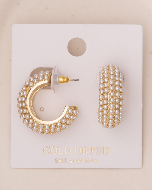 Romy White Pearl Pavé C-Hoop Post Earrings in Yellow Gold Plating