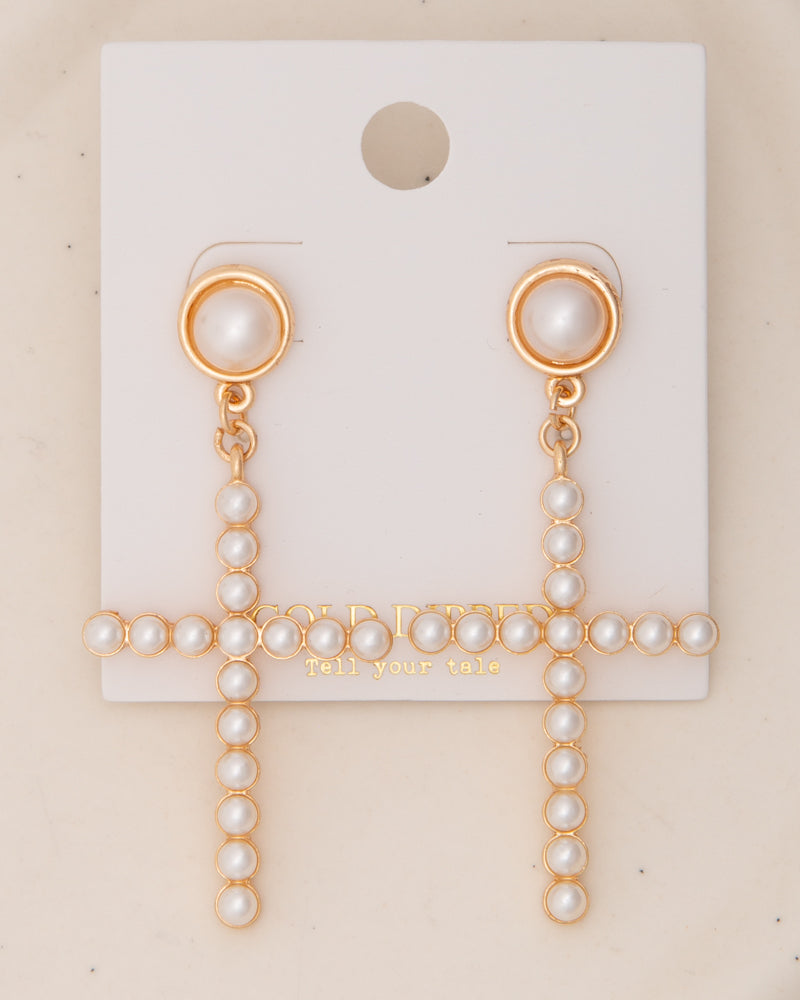Zora White Pearl Pavé Stick Cross Post Dangle Earrings