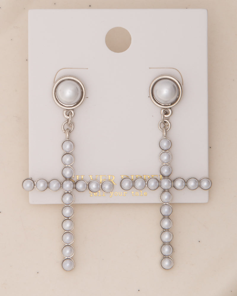 Zora White Pearl Pavé Stick Cross Post Dangle Earrings | Silver