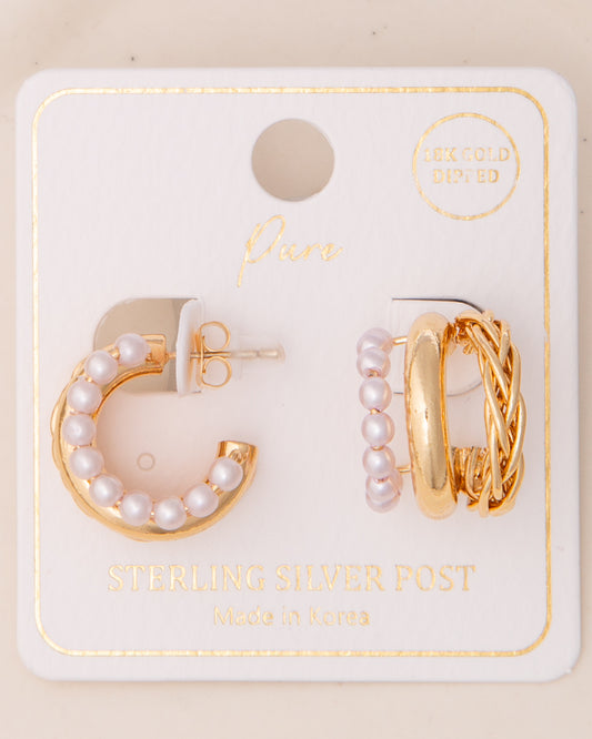 Natasha Multiforme Sculpted Pearl Embellished Open Hoop Post Earring | Gold