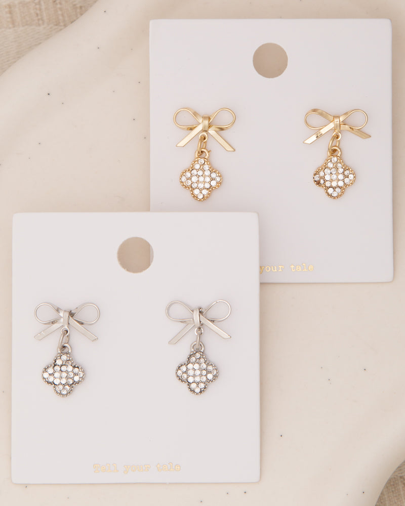 Alexia Short-Tail Bow with Rhinestone Clover Post Dangle Earrings