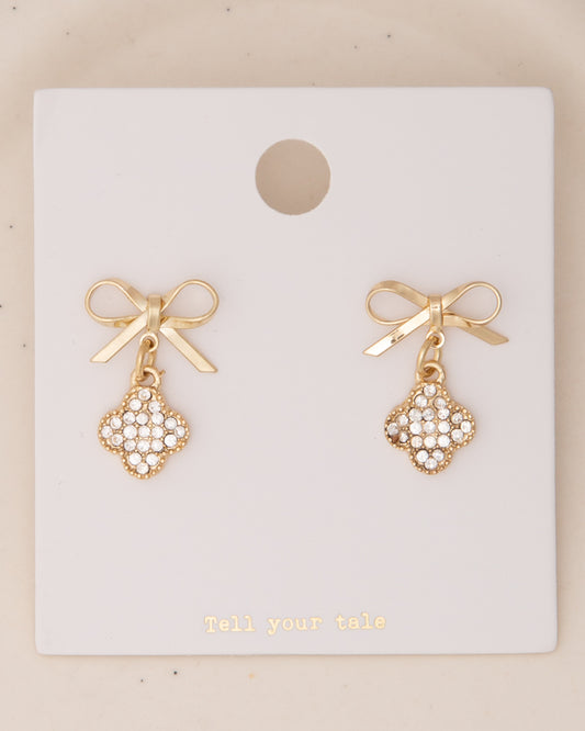 Alexia Short-Tail Bow with Rhinestone Clover Post Dangle Earrings | Gold