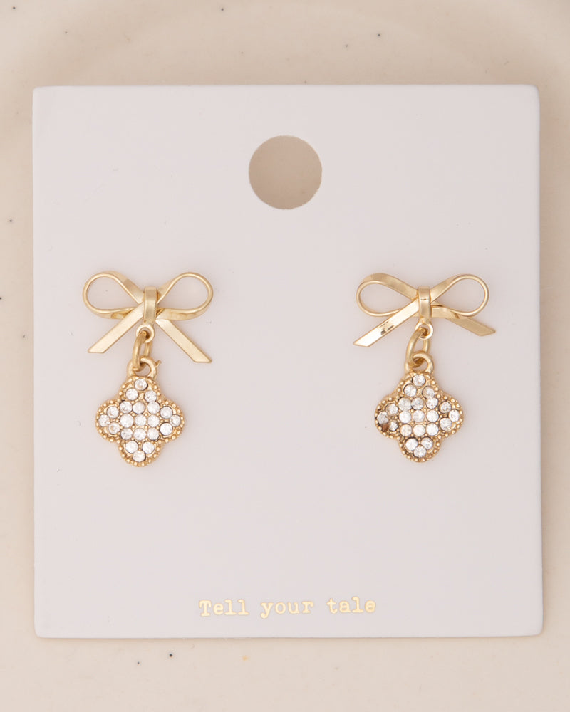 Alexia Short-Tail Bow with Rhinestone Clover Post Dangle Earrings | Gold