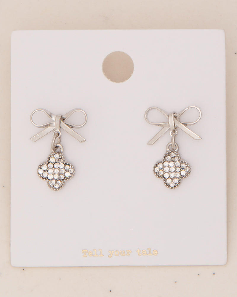 Alexia Short-Tail Bow with Rhinestone Clover Post Dangle Earrings | Silver