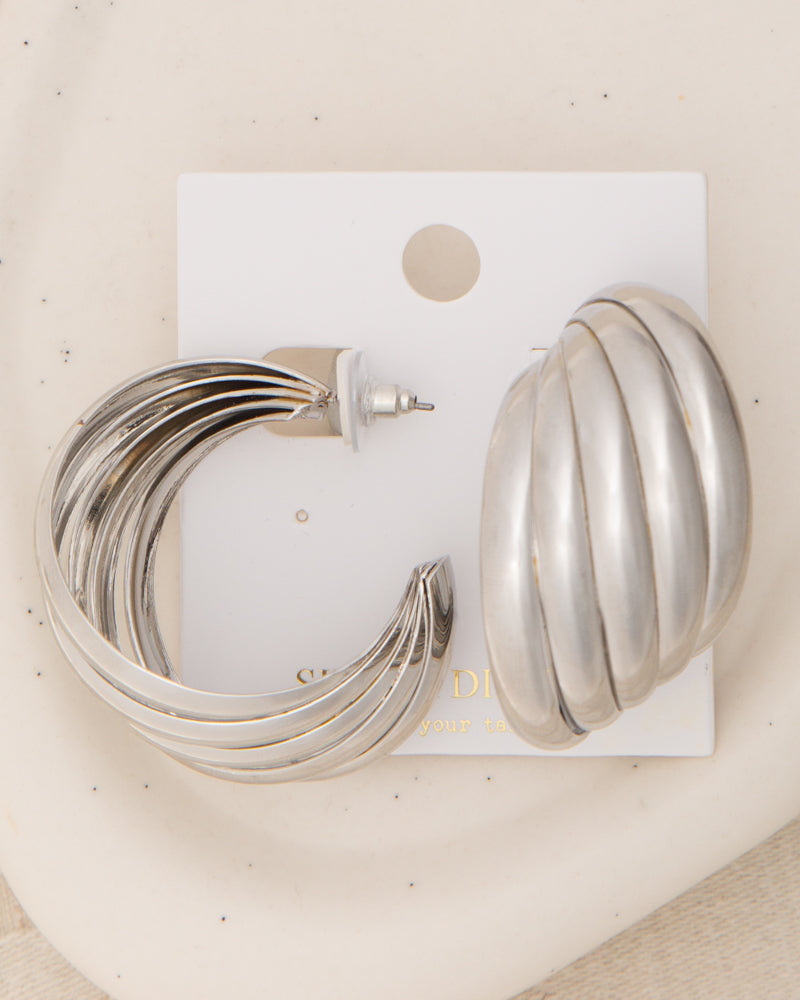 Rebekah Twisted Beaded Crescent Hoop Earrings | Silver