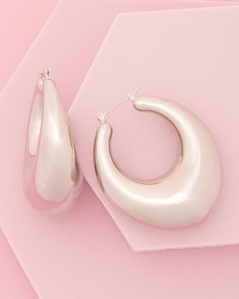 Serenity Polished Oval Hoop Earrings in Yellow or White Gold Plating | White Gold