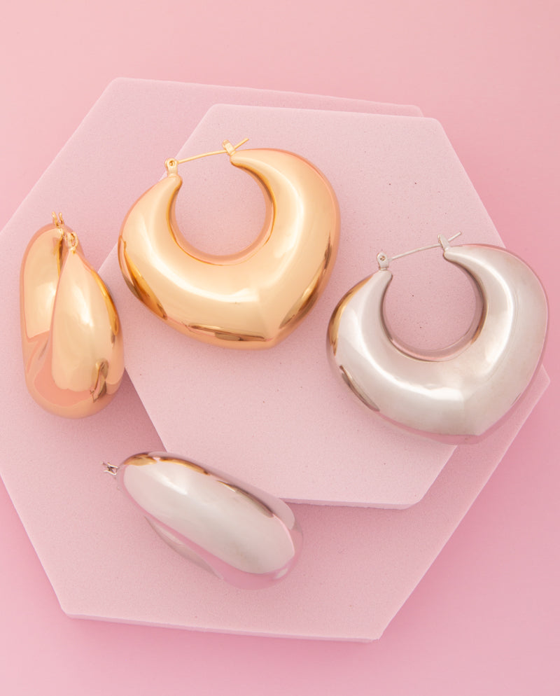 Magnolia Polished Puff Hoop Earrings in Yellow or White Gold Plating