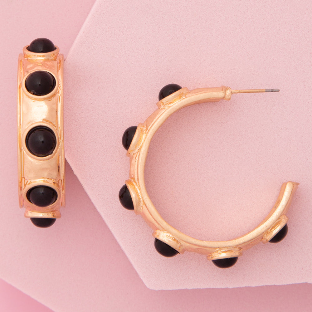 Melanie Bezel-Set Faux Cabochon C-Hoop Post Earrings | Black