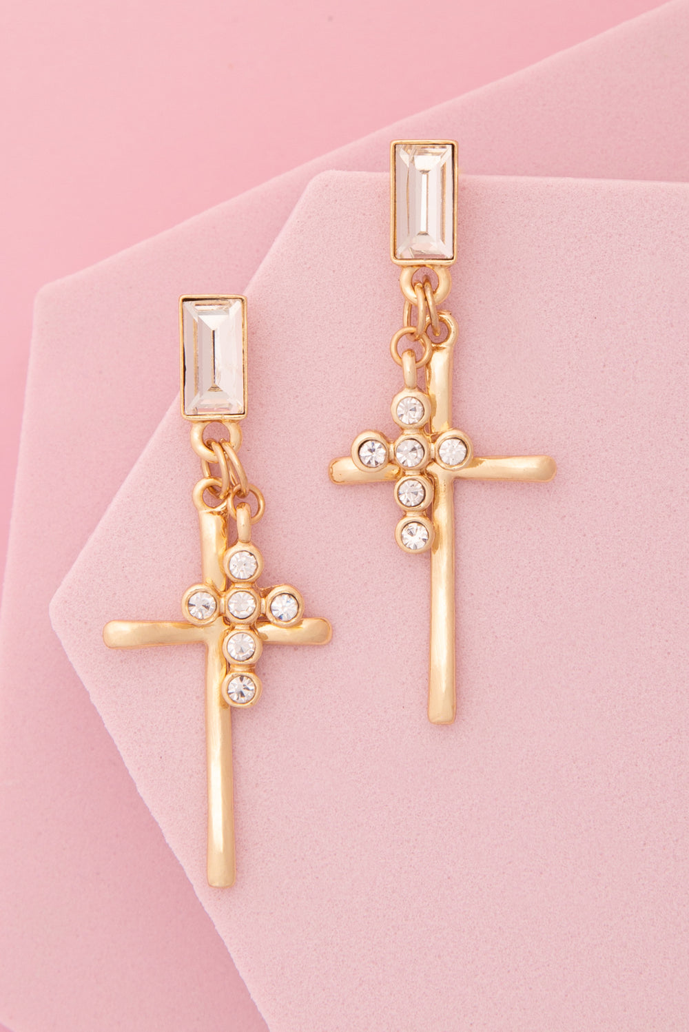 Kaia Polished Stick and Rhinestone Cross Charm Cut Earrings