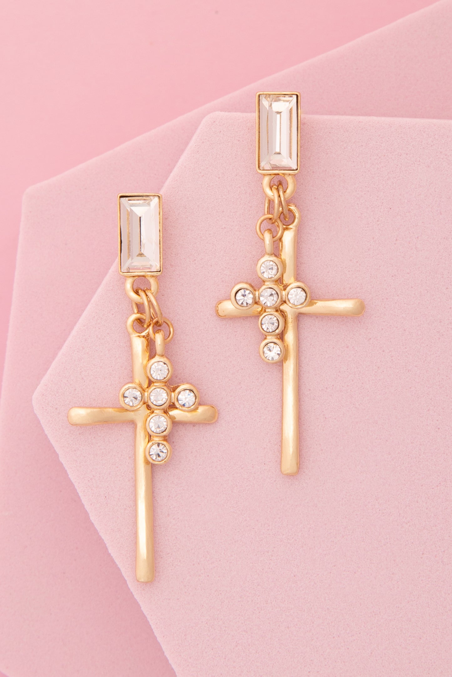 Kaia Polished Stick and Rhinestone Cross Charm Cut Earrings