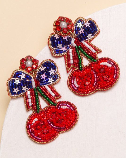 Carrie Ribboned Crystal Seed Beaded Cherry Post Dangle Earrings