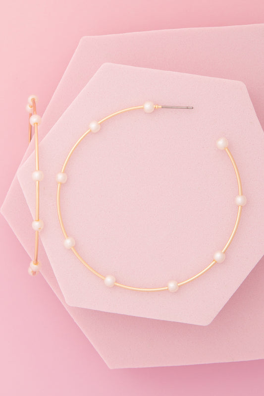 Reese White Pearl Open Hoop Post Wire Earrings | Gold