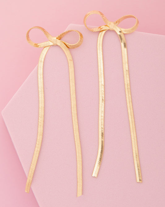 Gemma Long Tail Bow Herringbone Post Earrings | Gold